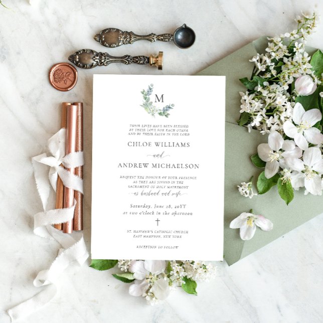 Invitación Elegante y simple Boda católico de la vegetación (Catholic wedding invitation with monogram framed by eucalyptus greenery and white flowers.)