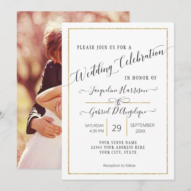 Invitación Elegante y simple Boda de guión mínimo de oro Foto (Anverso / Reverso)