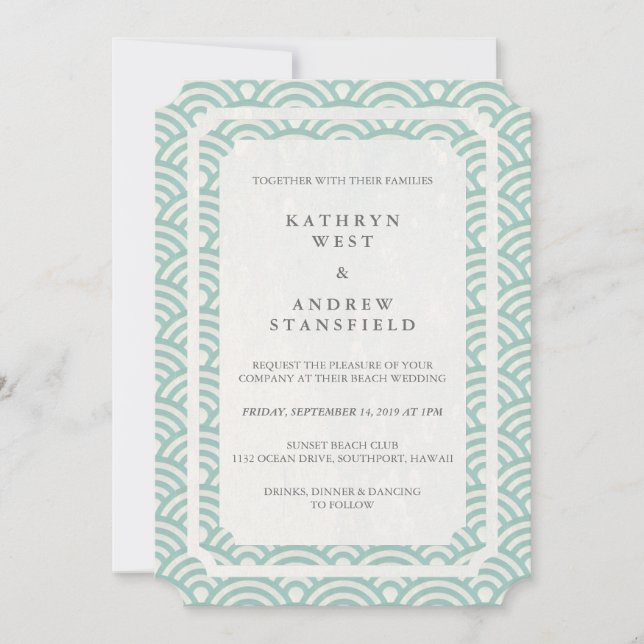 Invitación Elegante y simple boda de playa blanca + verde de  (Anverso)