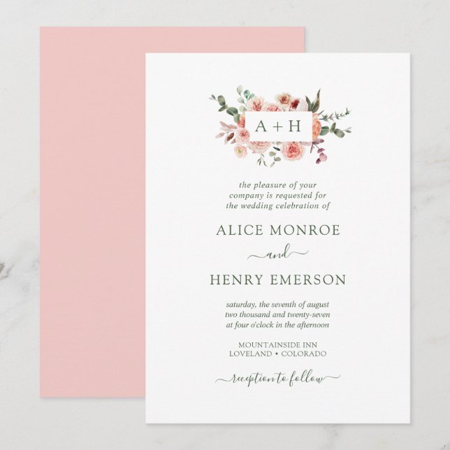 Invitación Elegante y simple Boda de vegetación de rosas rosa (Anverso / Reverso)