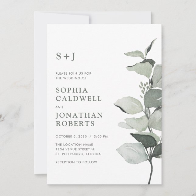 Invitación Elegante y simple Boda del sabio botánico Eucalypt (Anverso)