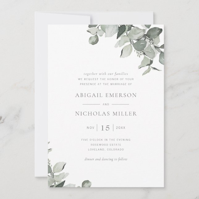 Invitación Elegante y simple Boda Eucalipto (Anverso)