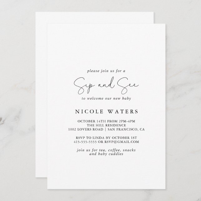 Invitación Elegante y simple caligrafía Sip y See (Anverso / Reverso)