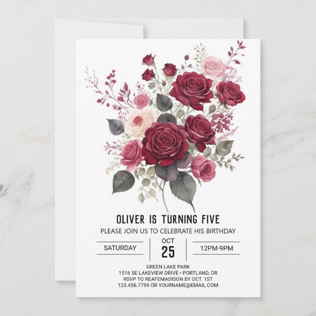 Invitación Elegante y simple cumpleaños floral de Borgoña (Anverso)