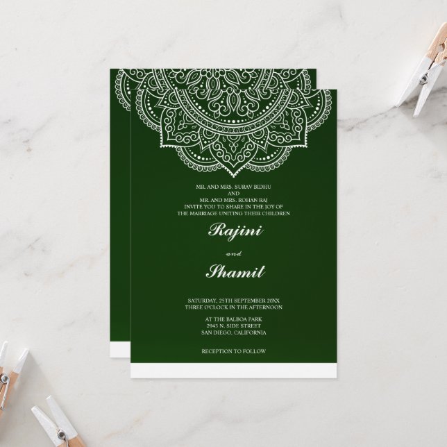 Invitación Elegante y simple Emerald Green Paisley Hindu (Anverso/Reverso In Situ)
