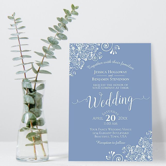 Invitación Elegante y simple encaje blanco sobre un Boda azul (Subido por el creador)