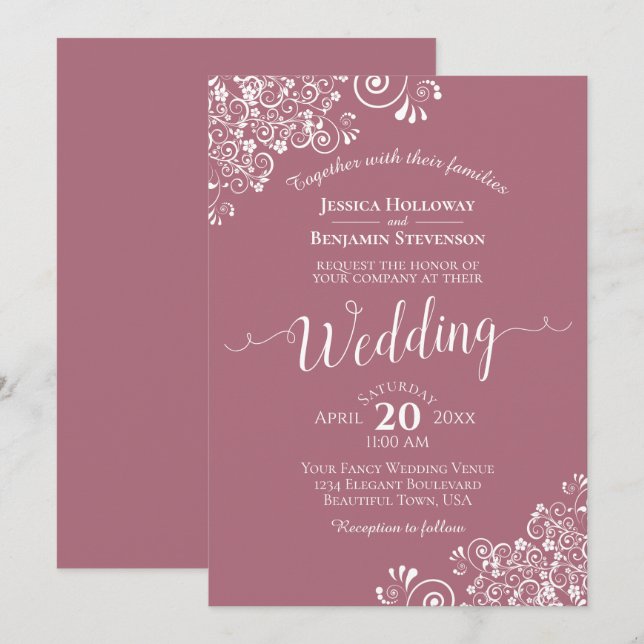 Invitación Elegante y simple encaje blanco sobre un Rosa Boda (Anverso / Reverso)