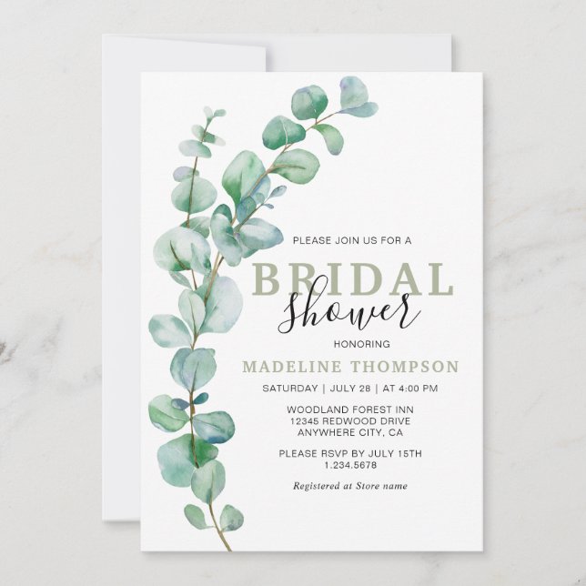 Invitación Elegante y simple Eucalyptus Greenery Bridal Showe (Anverso)