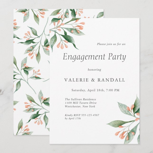 Invitación Elegante y simple fiesta de compromiso botánico (Anverso / Reverso)