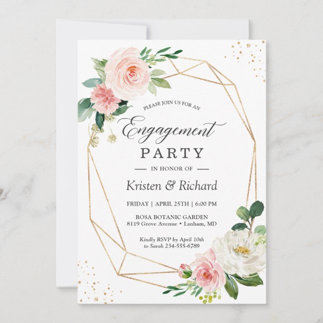 Invitación Elegante y simple fiesta de compromiso floral rosa (Anverso)