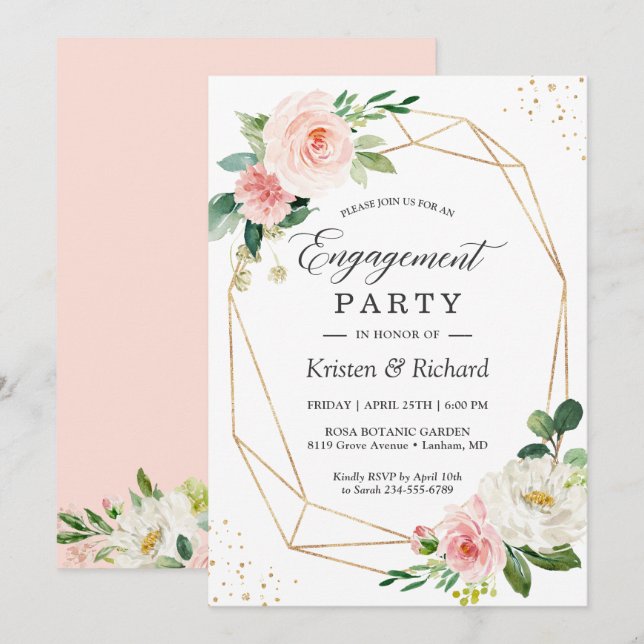 Invitación Elegante y simple fiesta de compromiso floral rosa (Anverso / Reverso)