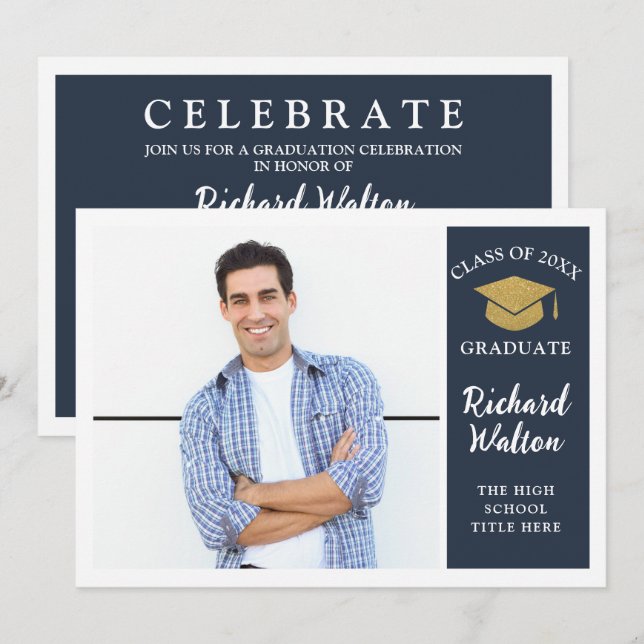 Invitación Elegante y simple fiesta de graduación de fotos en (Anverso / Reverso)