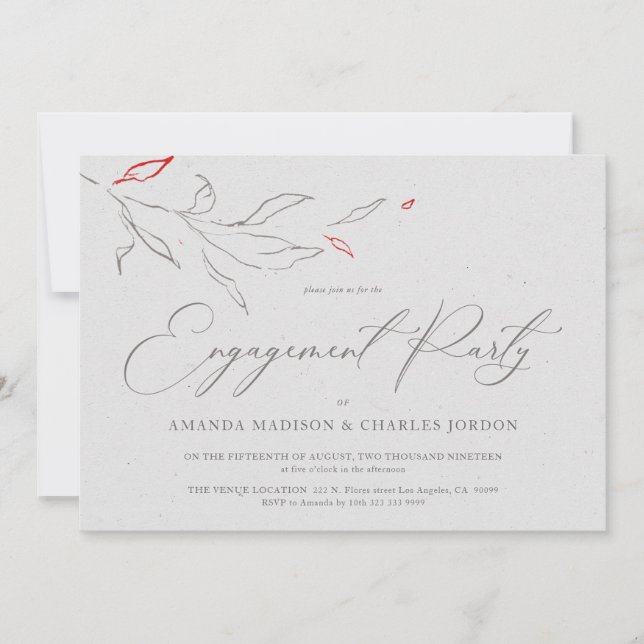 Invitación Elegante y simple flor gris y roja Partido de comp (Anverso)