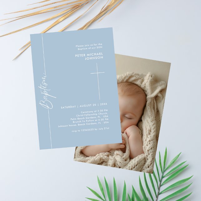 Invitación Elegante y simple foto de bautismo de bebé azul tu (Subido por el creador)