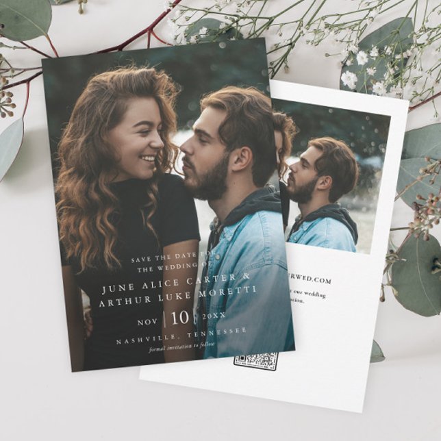 Invitación Elegante y Simple Foto de Boda Guardar la Fecha (Elegant photo wedding save the date with classic typography overlay and QR code.)