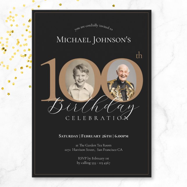 Invitación Elegante y simple foto de oro negro 100 cumpleaños (Mockup View)