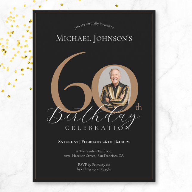Invitación Elegante y simple foto de oro negro 60 cumpleaños (Mockup View)