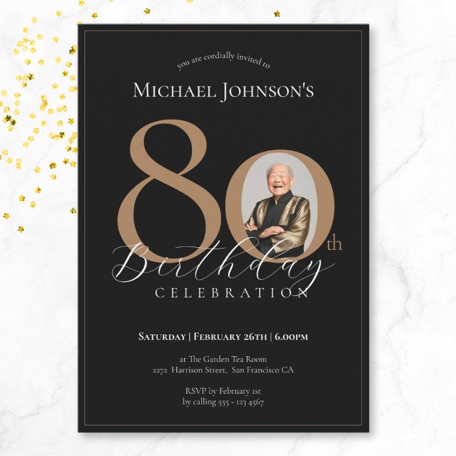 Invitación Elegante y simple foto de oro negro 80 cumpleaños (Mockup View)