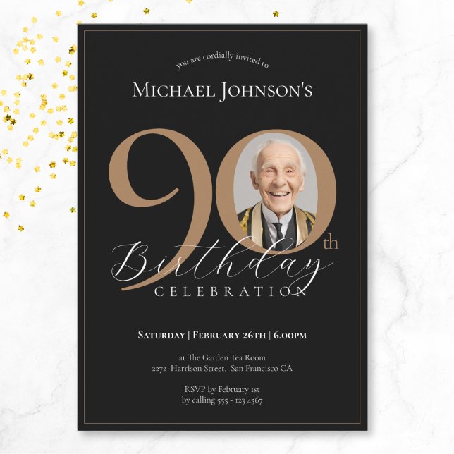Invitación Elegante y simple foto de oro negro 90 cumpleaños (Mockup View)