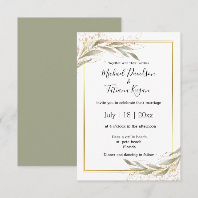 Invitación elegante y simple hojas verdes boda de presupuesto (Anverso / Reverso)