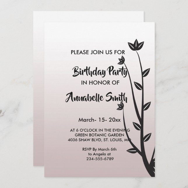 Invitación Elegante y simple Las hojas modernas Cumpleaños (Anverso / Reverso)