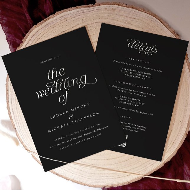 Invitación Elegante y simple romántico todo en un Boda Boda (Black wedding invitation with white text. Elegant and simple)