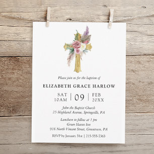 Invitación Elegante y simple Rosa Boho Floral Cross Baptism