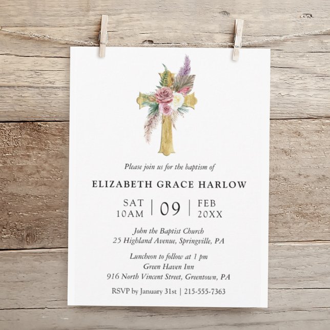 Invitación Elegante y simple Rosa Boho Floral Cross Baptism (Subido por el creador)