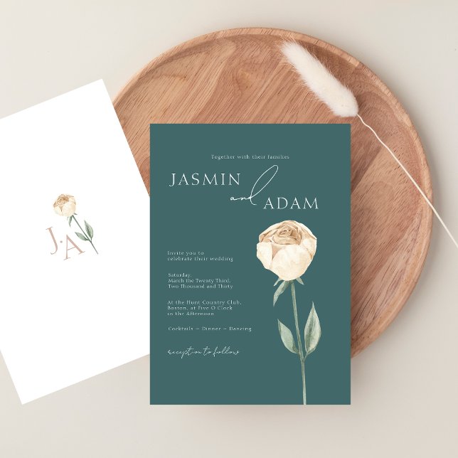 Invitación Elegante y simple Rosa verde esmeralda Boda floral (Simple Elegant Emerald Green Rose Floral Wedding Invitation)