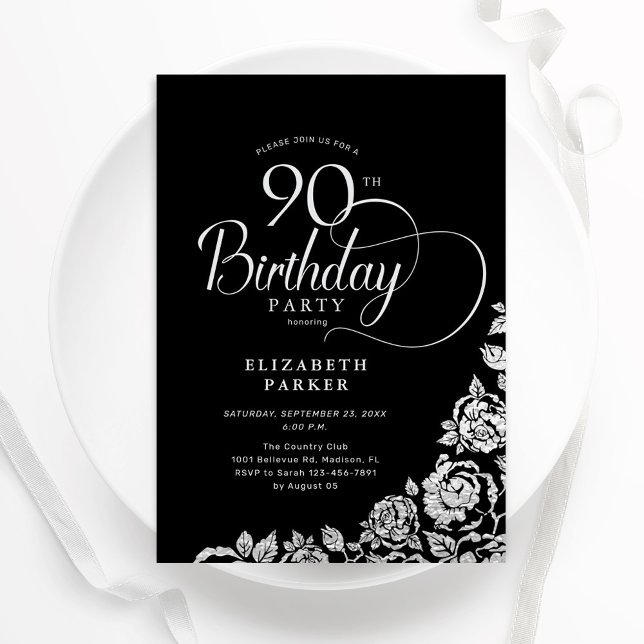 Invitación Elegante y simple Rosas 90 años de plata negra (Subido por el creador)