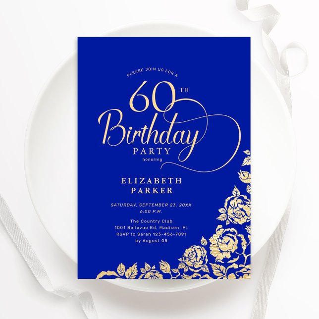 Invitación Elegante y simple Rosas de oro Royal Blue de 60 añ (Subido por el creador)