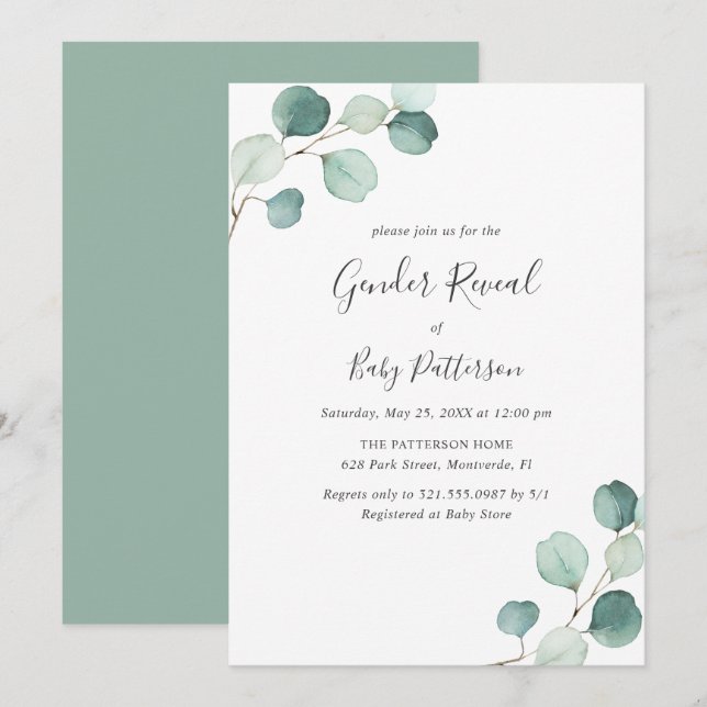 Invitación Elegante y simple vegetación Eucalipto Revelación  (Anverso / Reverso)