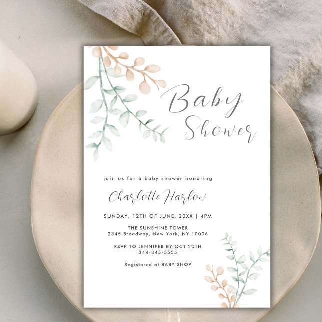 Invitación Elegante y simple vegetación Eucalyptus Baby Showe (Simple Elegant Greenery Eucalyptus Baby Shower Invitation)