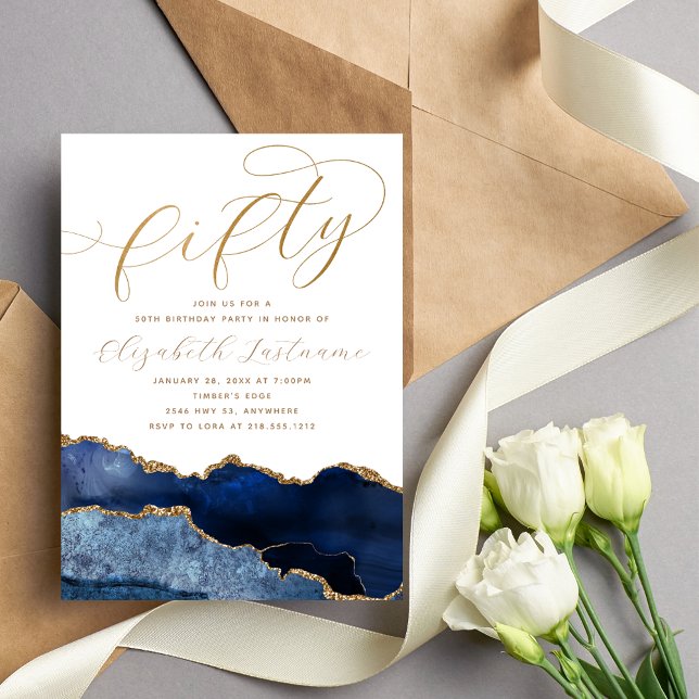 Invitación Elegante y sofisticada Marina de Oro Azul 50 cumpl (Subido por el creador)