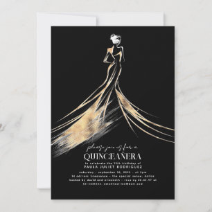Invitación Elegante y sofisticada QUINCEAÑERA Negra y Oro