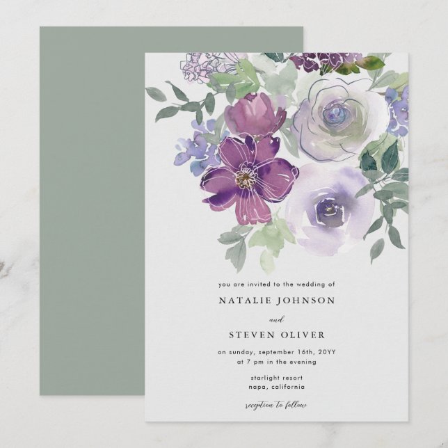 Invitación Elegante y sutil Boda floral acuarela  (Anverso / Reverso)