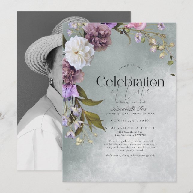 Invitación Elegante y sutil monumento al funeral floral verde (Anverso / Reverso)