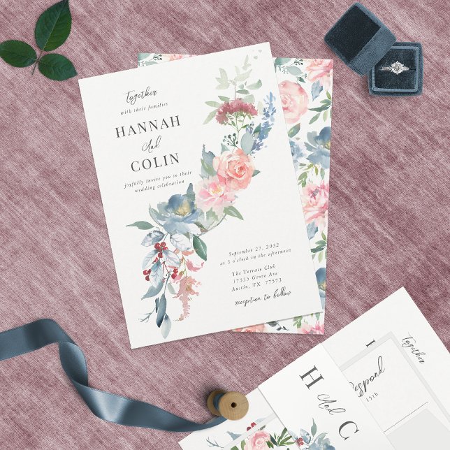 Invitación Elegante y turbia franja floral azul y Rosa (Subido por el creador)