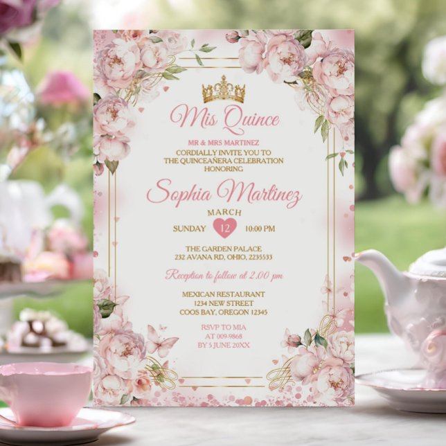 Invitación Elegante y turbio Rubor Flores rosadas Gold Mis Qu (Subido por el creador)