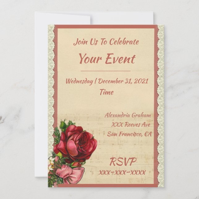 Invitación Elegante y vintage Romántico Rosa floral (Anverso)