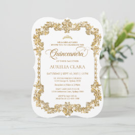 Invitación Elegante y vintage White Gold Tiara Quinceanera