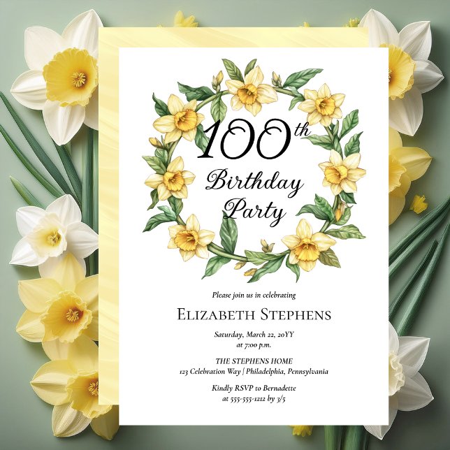 Invitación Elegante Yellow Daffodils Floral 100 cumpleaños (Elegant Yellow Daffodils Floral 100th Birthday Party Invitation -- Print | Download)