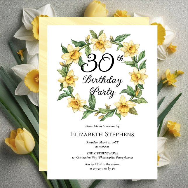 Invitación Elegante Yellow Daffodils Floral 30 cumpleaños (Elegant Yellow Daffodils Floral 30th Birthday Party Invitation -- Print | Download)