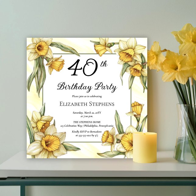 Invitación Elegante Yellow Daffodils Floral 40 cumpleaños (Elegant Yellow Daffodils Floral 40th Birthday Party Invitation -- Print | Download)