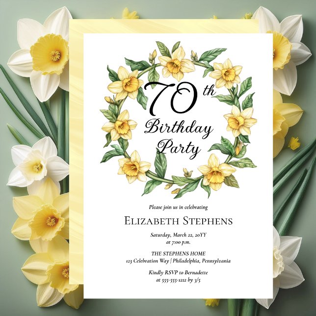 Invitación Elegante Yellow Daffodils Floral 70º cumpleaños (Elegant Yellow Daffodils Floral 70th Birthday Party Invitation -- Print | Download)