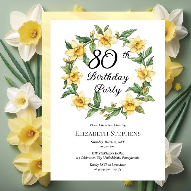 Invitación Elegante Yellow Daffodils Floral 80º cumpleaños (Elegant Yellow Daffodils Floral 80th Birthday Party Invitation -- Print | Download)