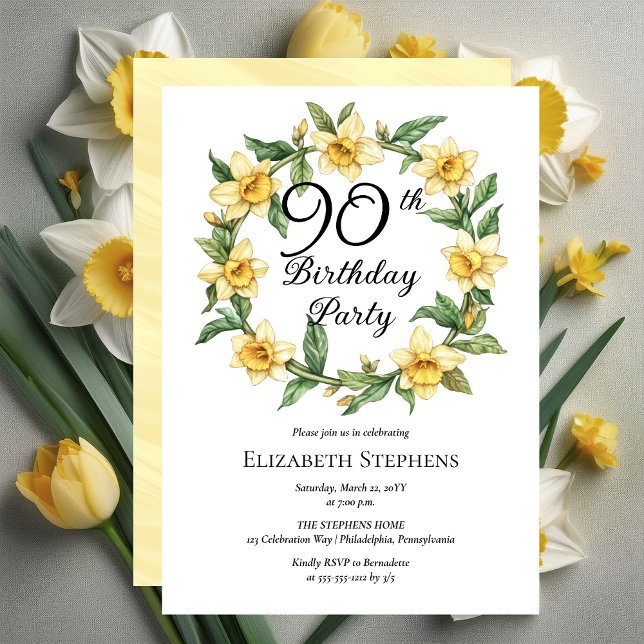 Invitación Elegante Yellow Daffodils Floral 90 cumpleaños (Elegant Yellow Daffodils Floral 90th Birthday Party Invitation -- Print | Download)