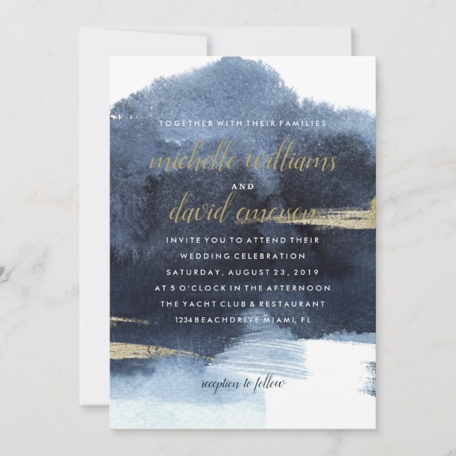 Invitación Elegante zafiro y oro | Boda náutico (Anverso)