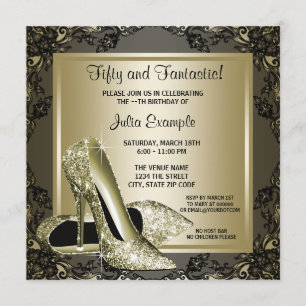 Invitación Elegante zapato de tacón alto negro dorado fiesta 