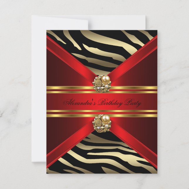 Invitación Elegante Zebra Animal Regal Red Gold Black Birday (Anverso)